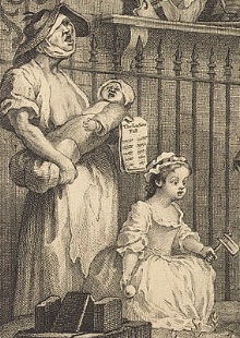 Ballad-seller from Hogarth&rsquo;s &lsquo;The Enraged Musician&rsquo; engraving 1741: New York, Metropolitan Museum (public domain)