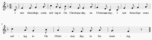 Modern notation of the Bramley and Stainer tune for I Saw Three Ships