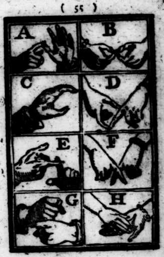 Early diagram of the deaf alphabet from Mirth without Mischief