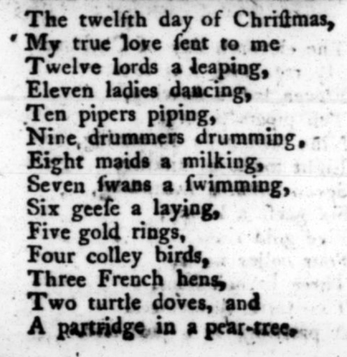Early text of The Twelve Days of Christmas from Mirth without Mischief