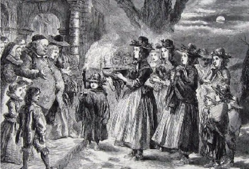 Women wassailers visiting a house